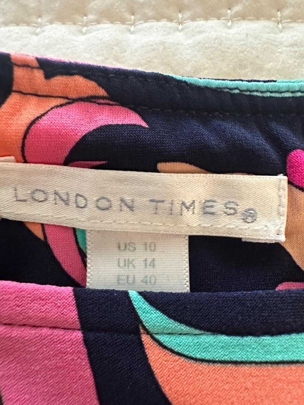 LONDON TIMES vibrant retro Navy Pink & Teal swirl shift 3/4 sleeve dress Sz 10 - Picture 3 of 9